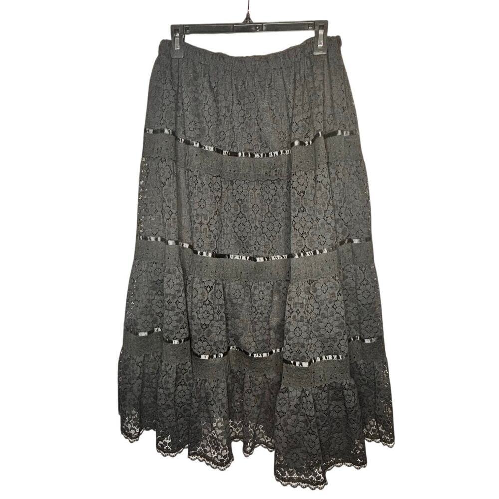 The Pitchfork Brand Tired Black Midi Lace Lined Witchy Goth Skirt Size Medium - Picture 2 of 10